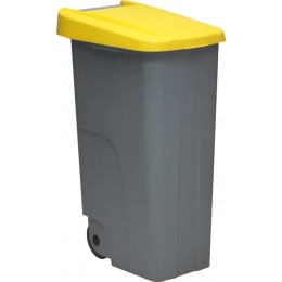 Контейнер для мусора основа серая с ручкой на колесах с желтой крышкой