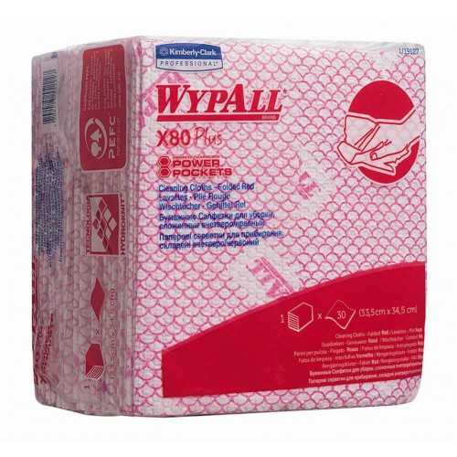 Протирочные салфетки листовые Kimberly-Clark WypAll X80 Plus 19127 1-слойный 8 пачек по 30 листов, красный