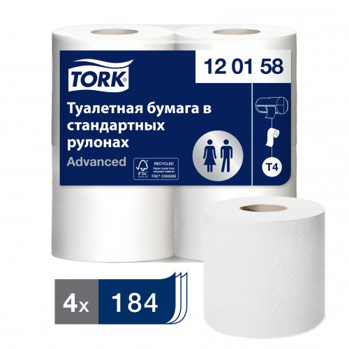 Туалетная бумага рулонная Tork 120158 2-слойная 4 рулона по 23 м